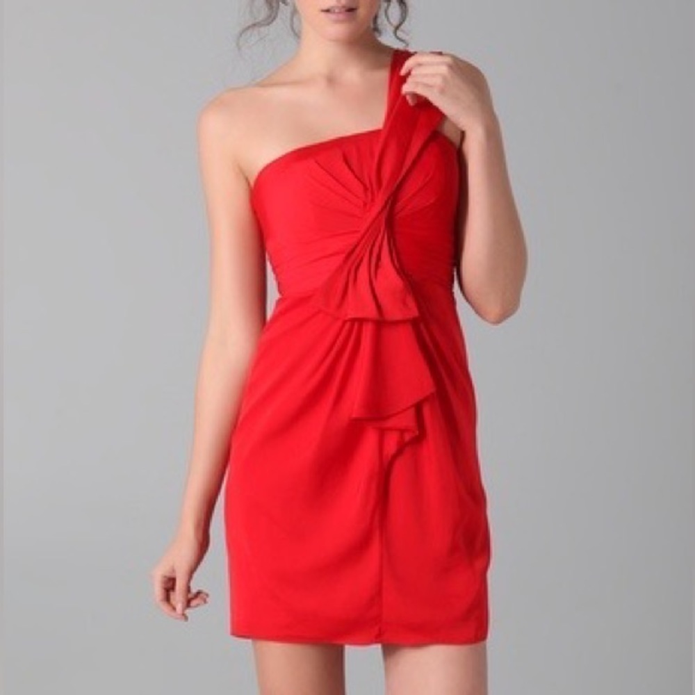 Bcbgmaxazria Palais Red Bow Pleated One Shoulder Sexy Silky Crepe Mini Dress